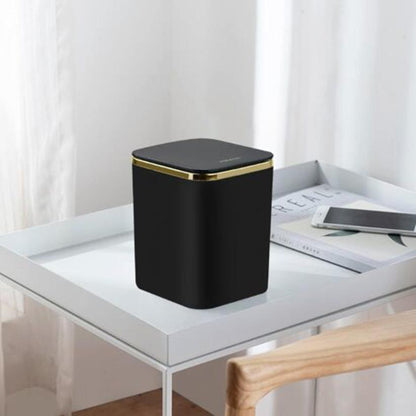 Luxury Mini Desktop Trash Can with Gold Trim | Small Bathroom Waste Bin | Cute Press-Top Lid Garbage Can for Office, Bedroom, Kitchen, Desk