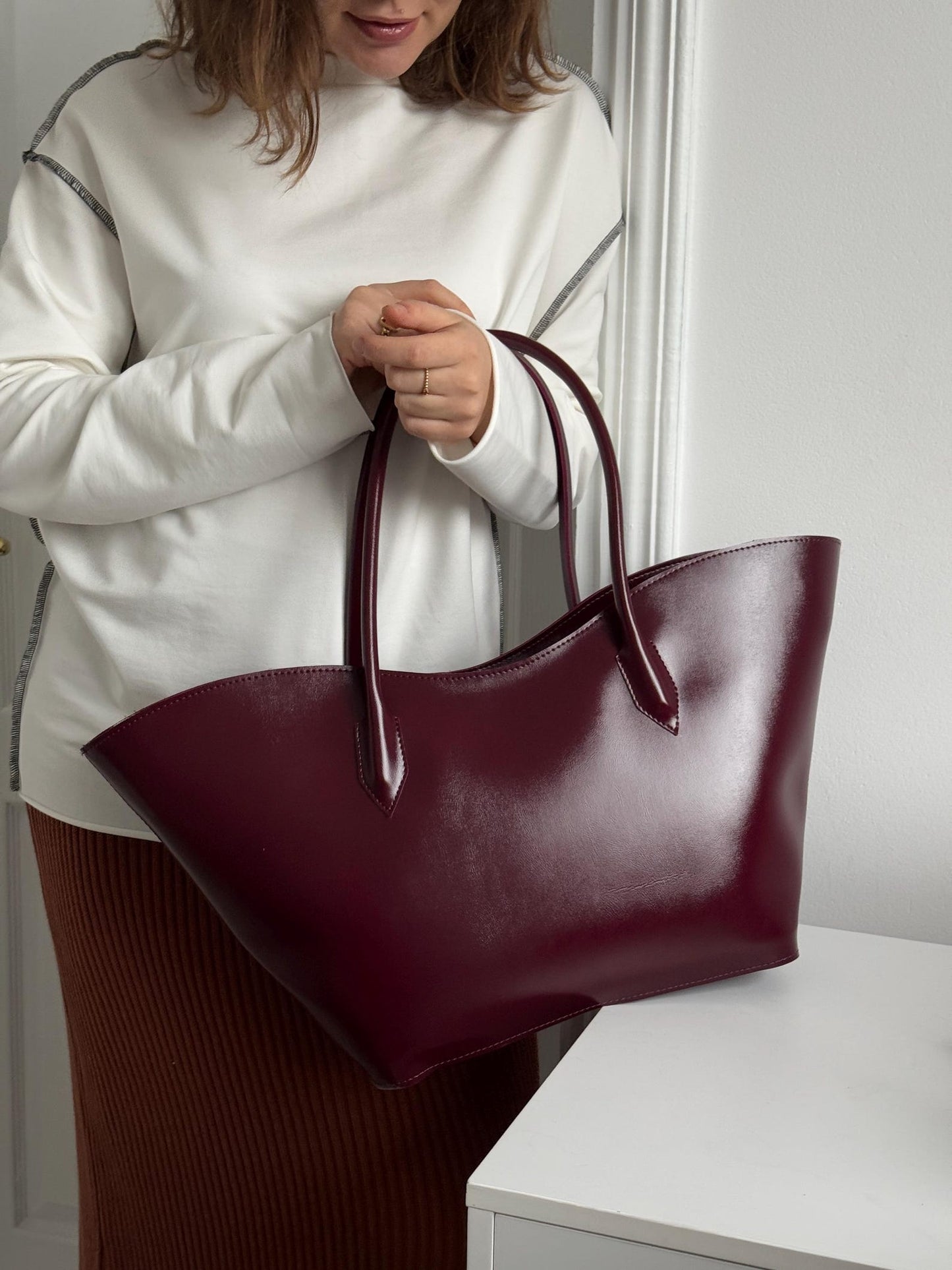 Burgundy Tote Bag, Large Eco Leather Shoulder Shopper.